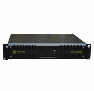 Vista frontal del Cipriani Vulcano 10000HQ, amplificador rack 19” de diseño robusto con ventilación frontal e interruptor central. Ideal para uso profesional.