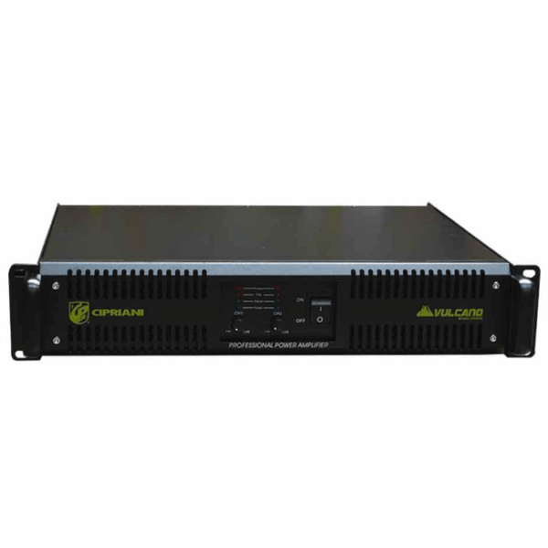 Vista frontal del Cipriani Vulcano 10000HQ, amplificador rack 19” de diseño robusto con ventilación frontal e interruptor central. Ideal para uso profesional.