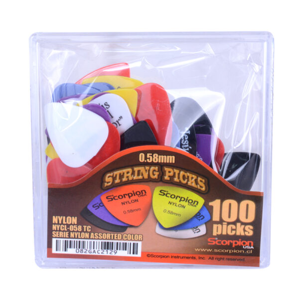 prod_6887c9439b4959.09419075 Caja 100 Uñetas Scorpion 0.58mm Nylon Colores NYCL-058