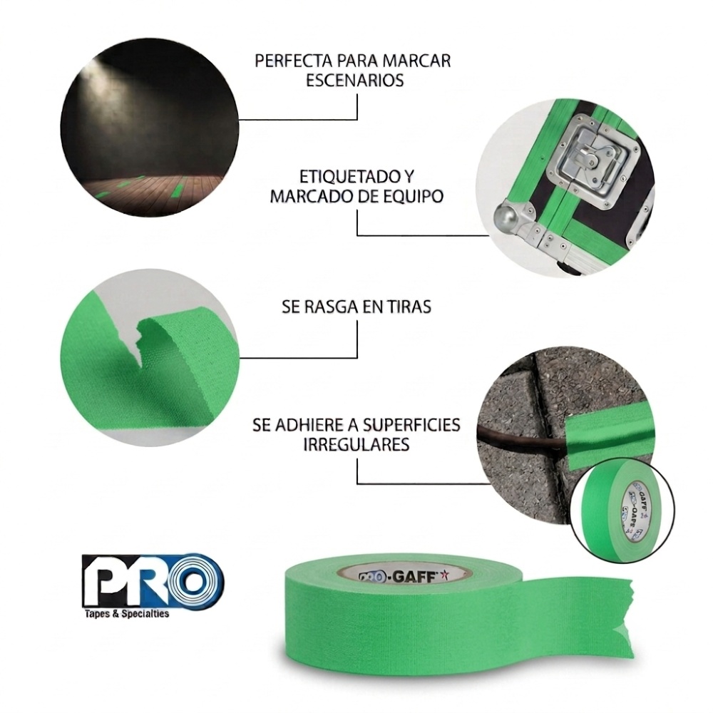 Cinta Gaffer PROTAPES verde flúor PRO GAFF 2X50YD FL
